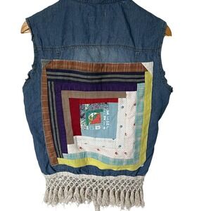 Girls Large Denim Vest Upcycle Pearl Snap Button Down REWORK Vintage Patchwork